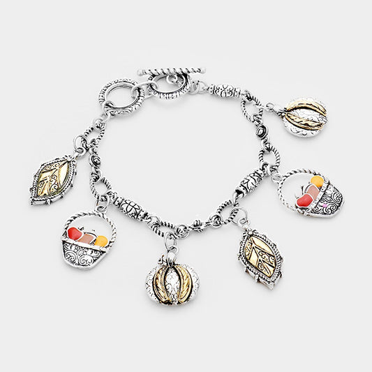 Antique Silver Thanksgiving Charm Bracelet Harvest Basket Leaf Autumn Jewelry