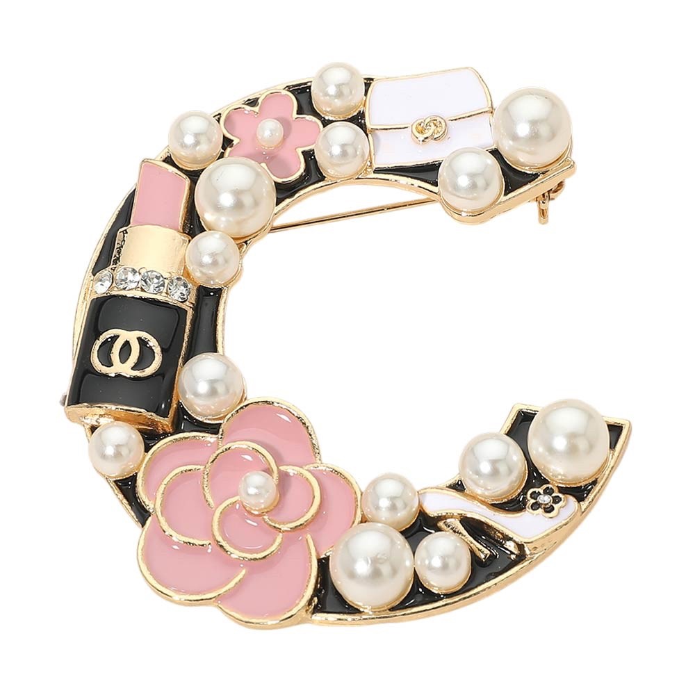 Luxury C-Shape Camellia Lipstick Pearl Brooch Pin for Elegant Fashion Brooches