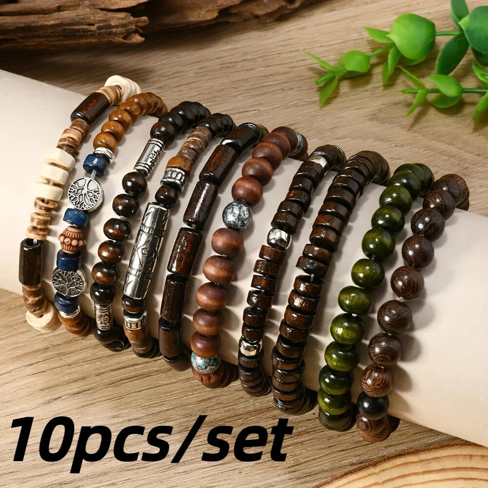 10PCS Boho Beaded Bracelets Set for Men Wooden Tree of Life Layered Jewelry
