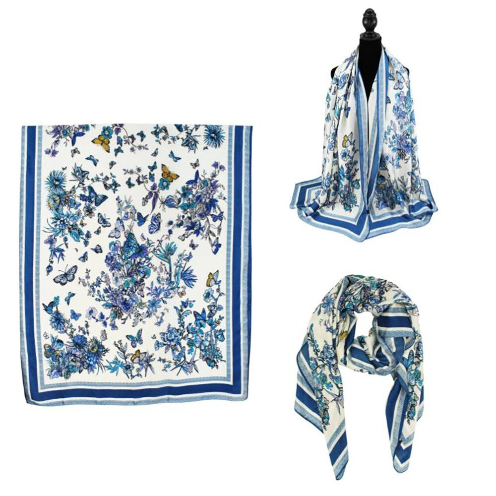 Floral Print Oblong Silky Satin Scarf Shawl Wrap for Women Lightweight Chic