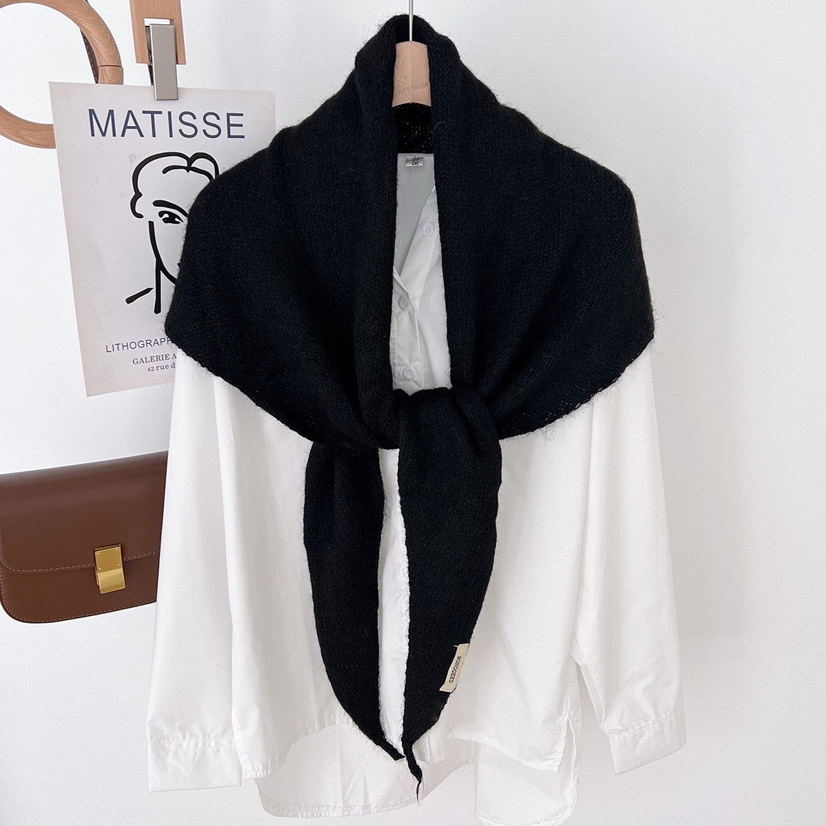 3Pcs 100% Wool Triangle Scarf Set Black Brown Beige Knitted Winter Neck Wrap