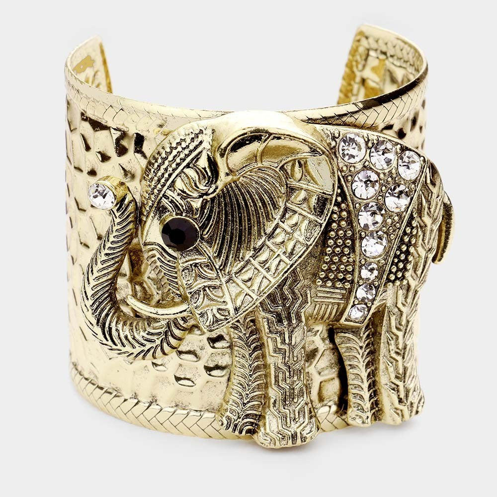 Antique Gold Elephant Cuff Bracelet Stone Embellished Boho Jewelry for Women