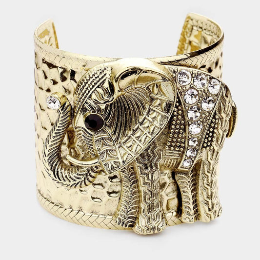 Antique Gold Elephant Cuff Bracelet Stone Embellished Boho Jewelry for Women