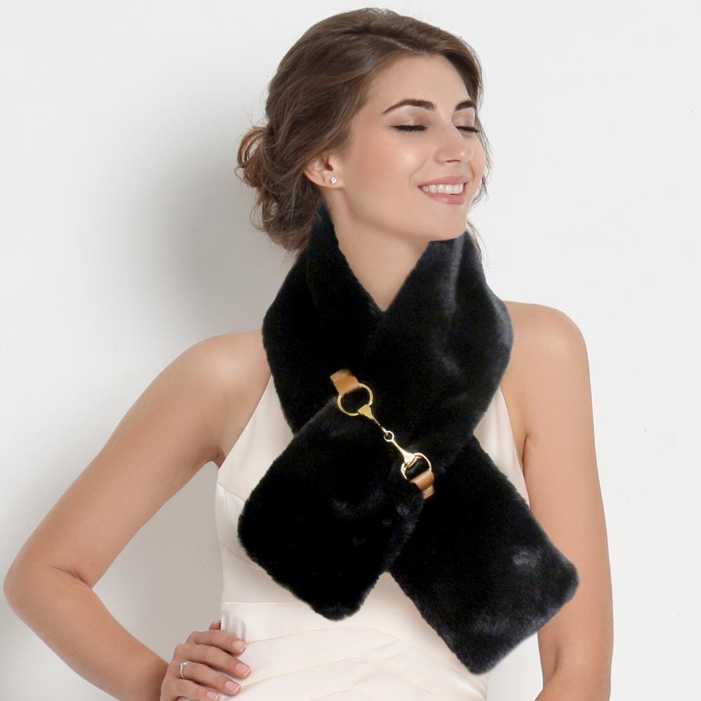 2PCS Black Faux Fur Scarf Set Equestrian Horse Bit Clasp Winter Neck Wrap