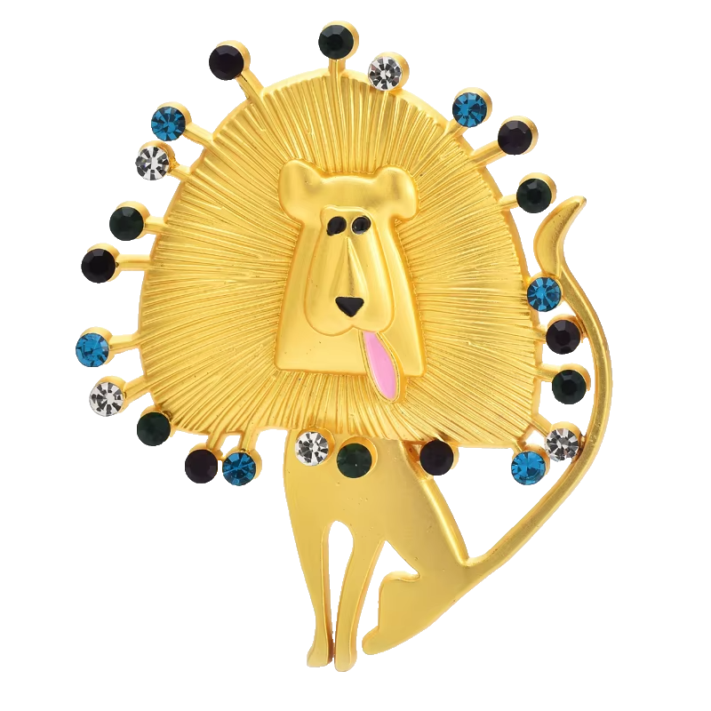 Cute Gold Tone Lion Brooch Pins (2 Pcs) Multi-Color Rhinestone Jewelry Set