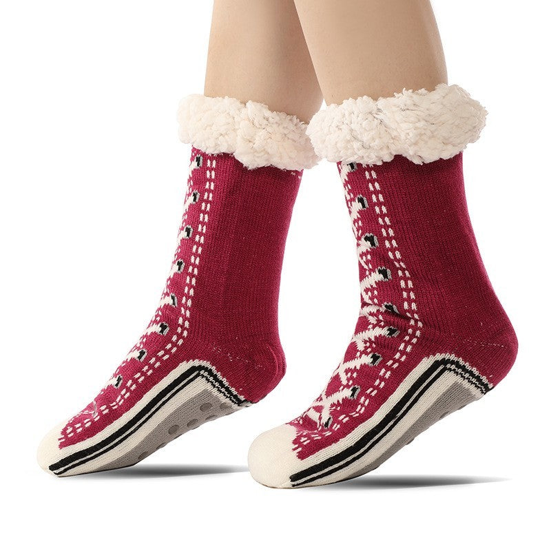 Winter Warm Fuzzy Slipper Socks Women Non-Skid Fleece Lined Knit Red White