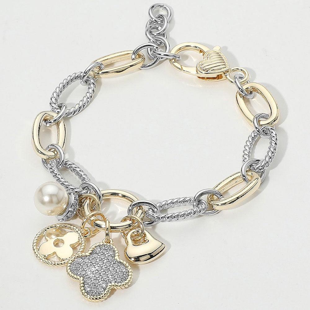 14K Gold Plated Two Tone CZ Stone Paved Quatrefoil Heart Pearl Charm Bracelet