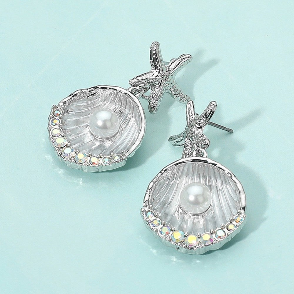 Silver Starfish & Pearl Shell Drop Earrings - Coastal Mermaid Statement Jewelry