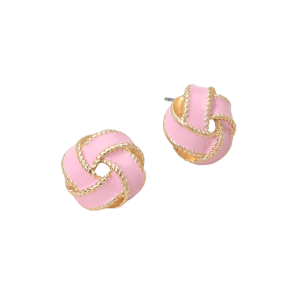 Pastel Pink Enamel Gold-Tone Twisted Rope Knot Chic Button Post Stud Earrings