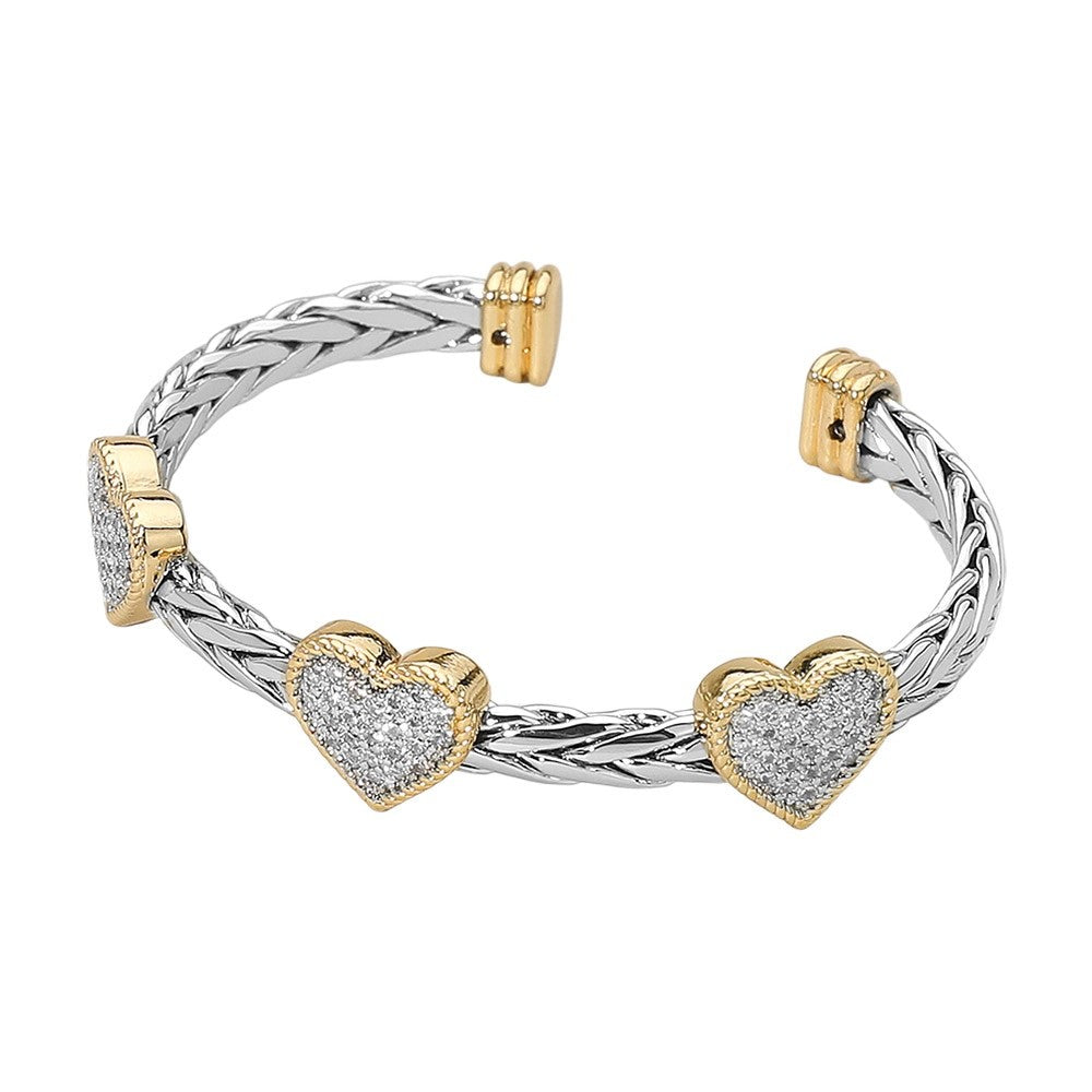 Silver and Gold Two Tone Braided Cuff Bracelet with Pave Crystal Heart Charms