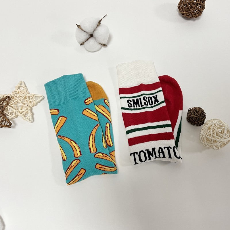 Fun Mismatched Socks French Fries and Ketchup Bottle Print Colorful Novelty Crew
