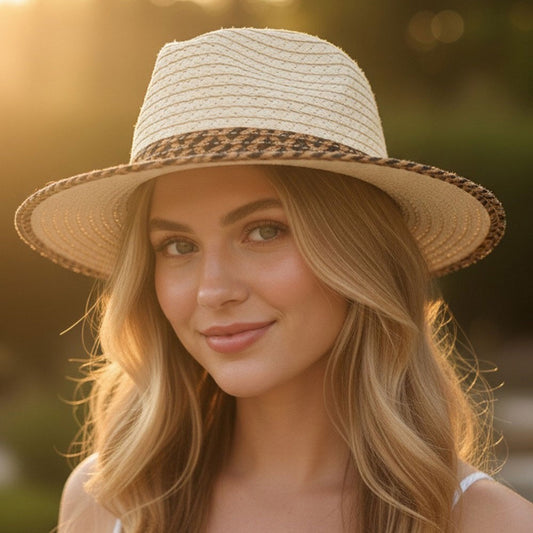 Summer Straw Fedora Sun Hat with Patterned Band and Braided Brim Accents