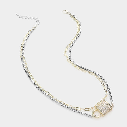 Two-Tone Layered Chain CZ Padlock Necklace Silver Gold Tone Choker Gift