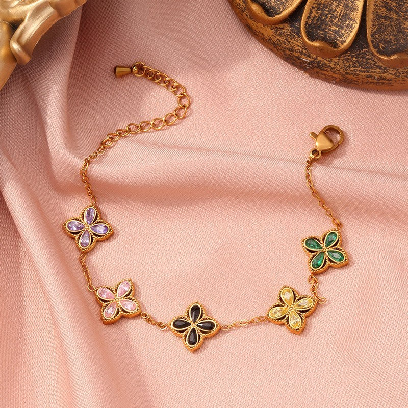 Gold Plated Four Leaf Clover Charm Bracelet Multicolored Stone Women's Jewelry