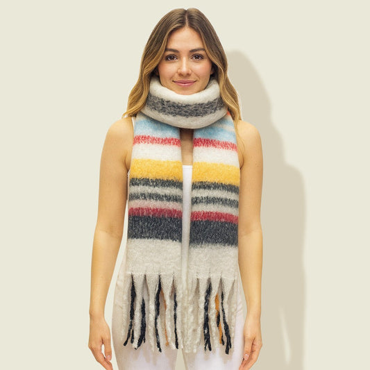 Fringed Fuzzy Striped Winter Scarf Soft Warm Cozy Knit Wrap Shawl for Women