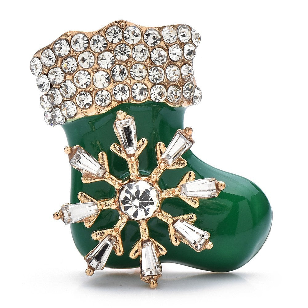 2pc Christmas Stocking Brooch Pin Set Rhinestone Crystal Snowflake Green Red