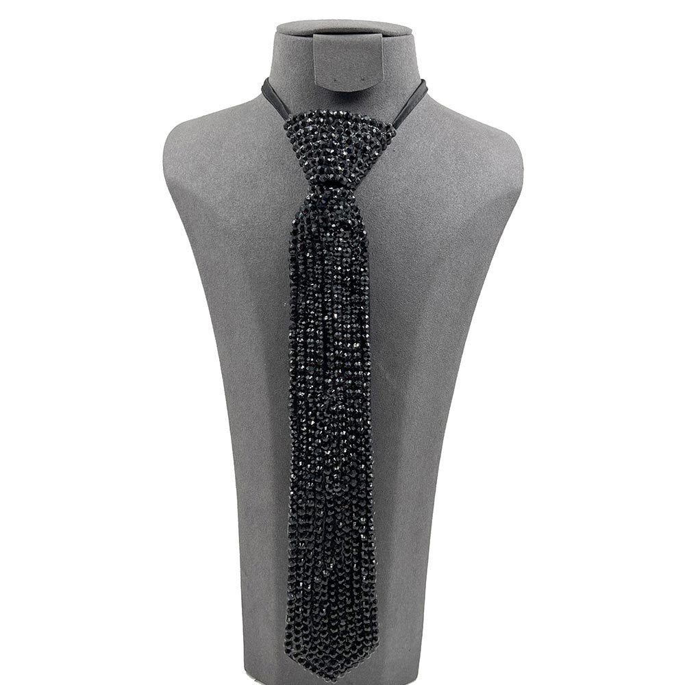 Black Rhinestone Crystal Necktie Statement Necklace Goth Chic Fashion Jewelry