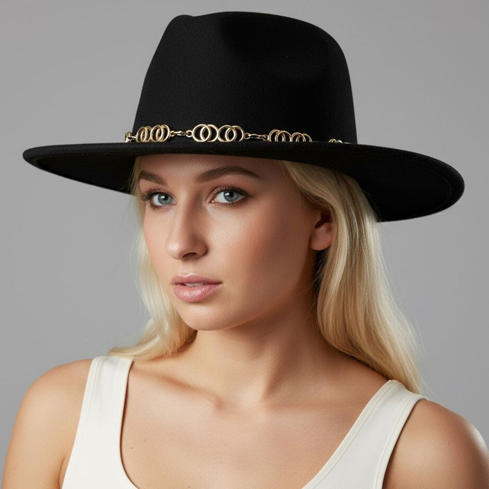 Western Fedora Hat Womens Polyester Black with Decorative Chain Accent Wide-Brim