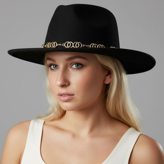 Western Fedora Hat Womens Polyester Black with Decorative Chain Accent Wide-Brim