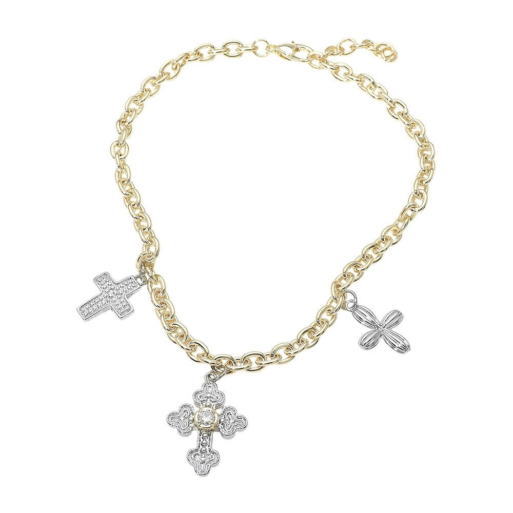 Gold Tone Two Tone Silver Cross Charm Pendant Link Chain Necklace Statement Pin