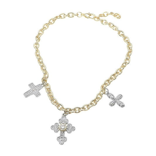 Gold Tone Two Tone Silver Cross Charm Pendant Link Chain Necklace Statement Pin