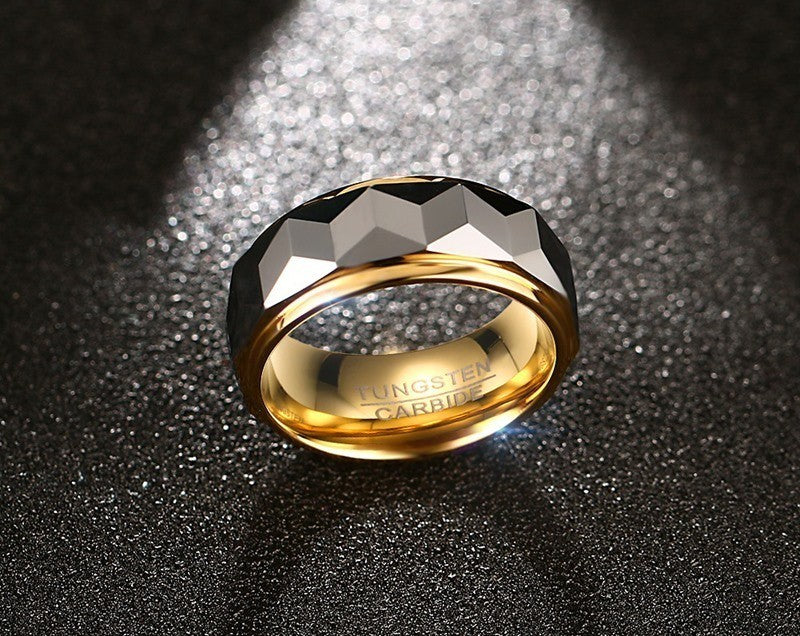 Men's Tungsten Carbide Ring Two Tone Black Gold Faceted Beveled Band Size 9