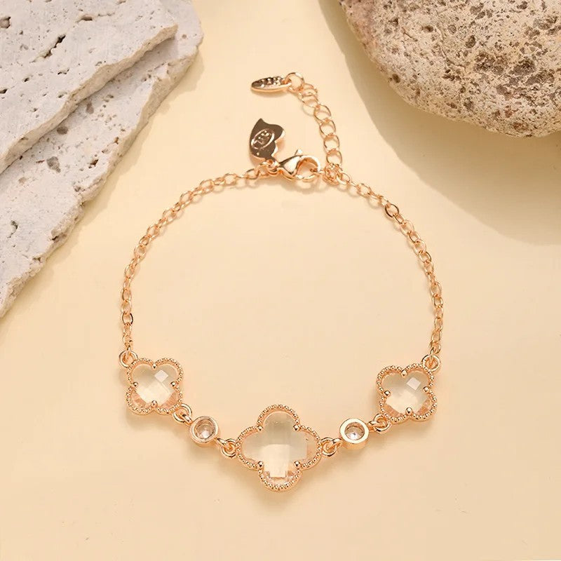 Womens Gold-Plated Double-Sided Four-Leaf Clover Zircon Flower Design Bracelet