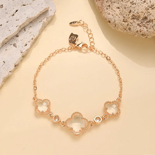 Womens Gold-Plated Double-Sided Four-Leaf Clover Zircon Flower Design Bracelet