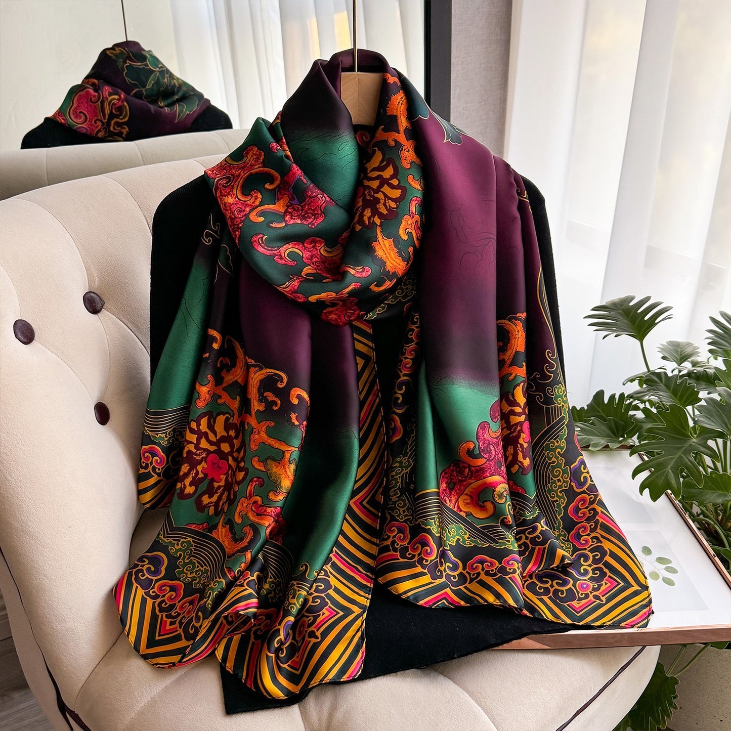 Colorful Floral Silky Feel Wrap Scarf Easy-Care Large Stole Shawl