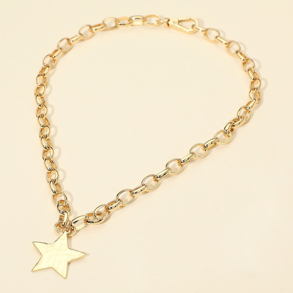 Gold Star Charm Link Chain Statement Necklace 16" Collar Choker New