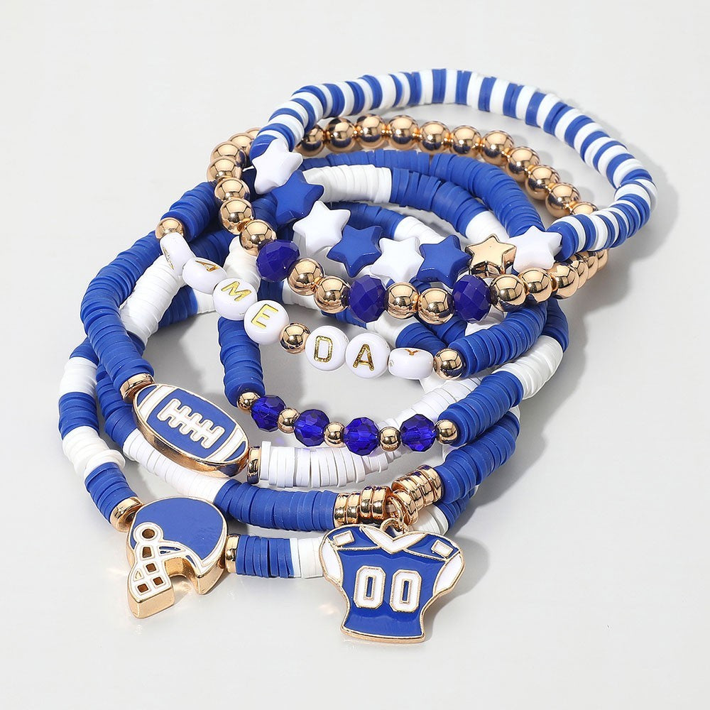 7PCS Game Day Football Charm Bracelets Heishi Beaded Stretch Stack Women Jewelry