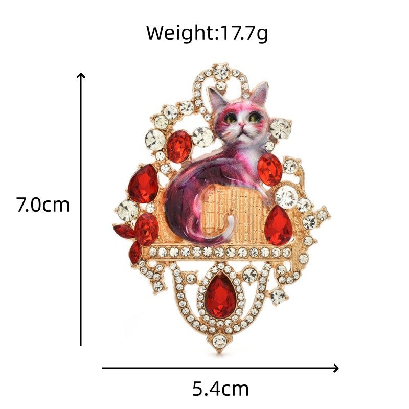 Large Gold Tone Cat Rhinestone Brooch Pin Figural Red Clear Crystals Fashion