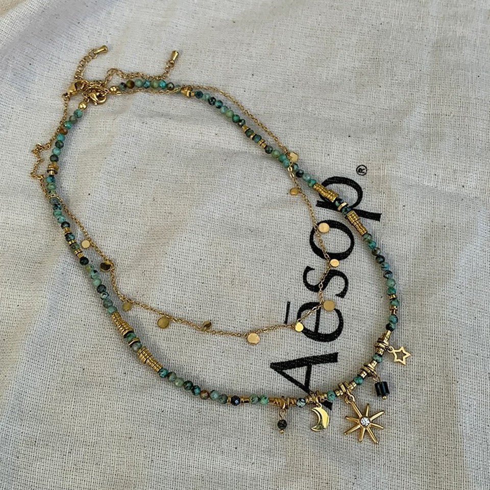 2PCS Gold Celestial Beaded Layered Necklace Set Star Moon Choker Charm Gift