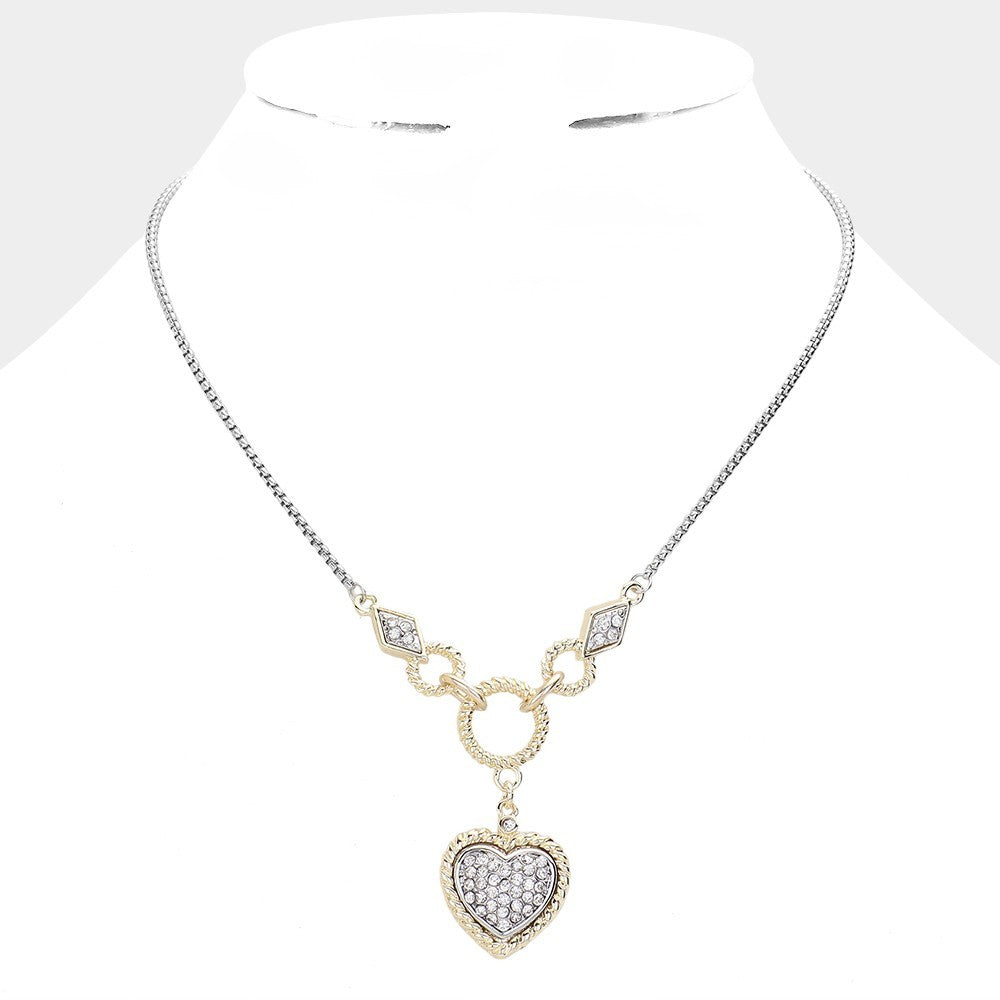 Two-Tone Crystal Heart Pendant Y-Chain Necklace for Women Jewelry Gift Ideas