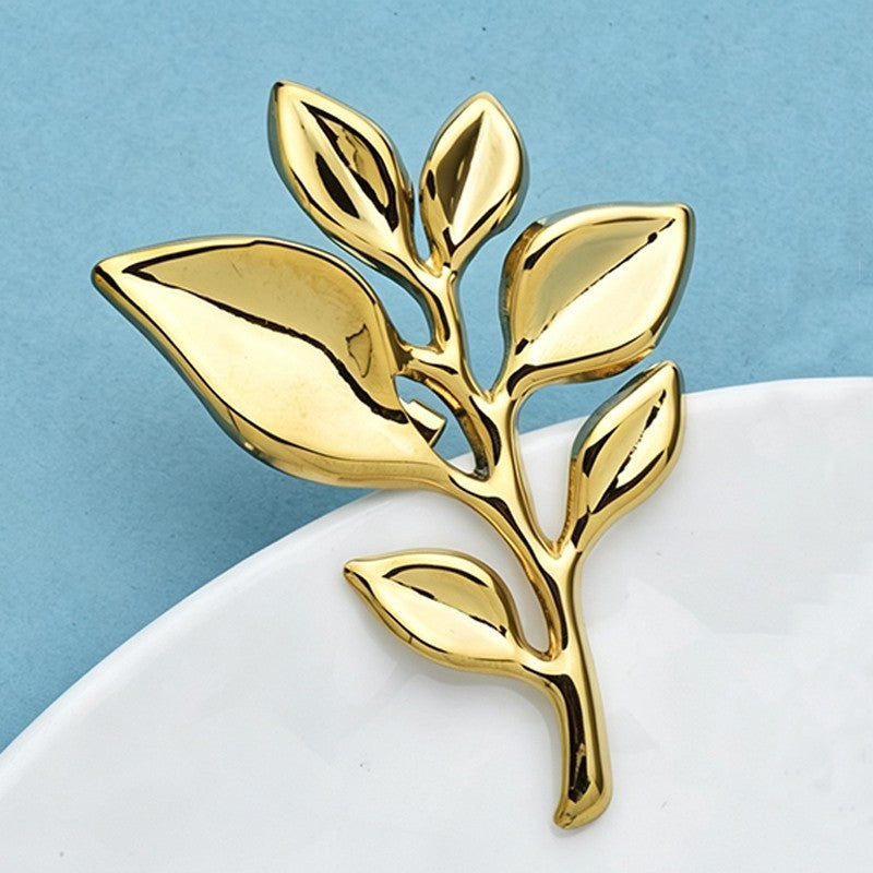 2pcs Leaf Brooch Set Gold Silver Tone Metal Plant Pin Minimalist Style