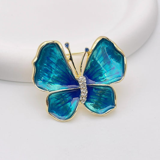 Vintage Style Teal Blue Enamel Butterfly Brooch Pin Gold Tone Crystal Accents