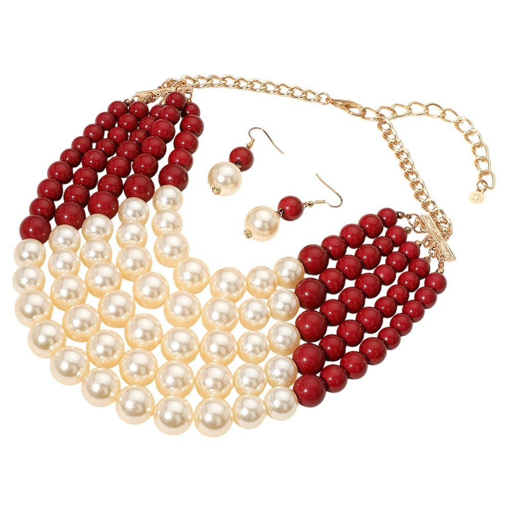 2pcs Red & Cream Faux Pearl Multi-Strand Statement Necklace and Earring Set