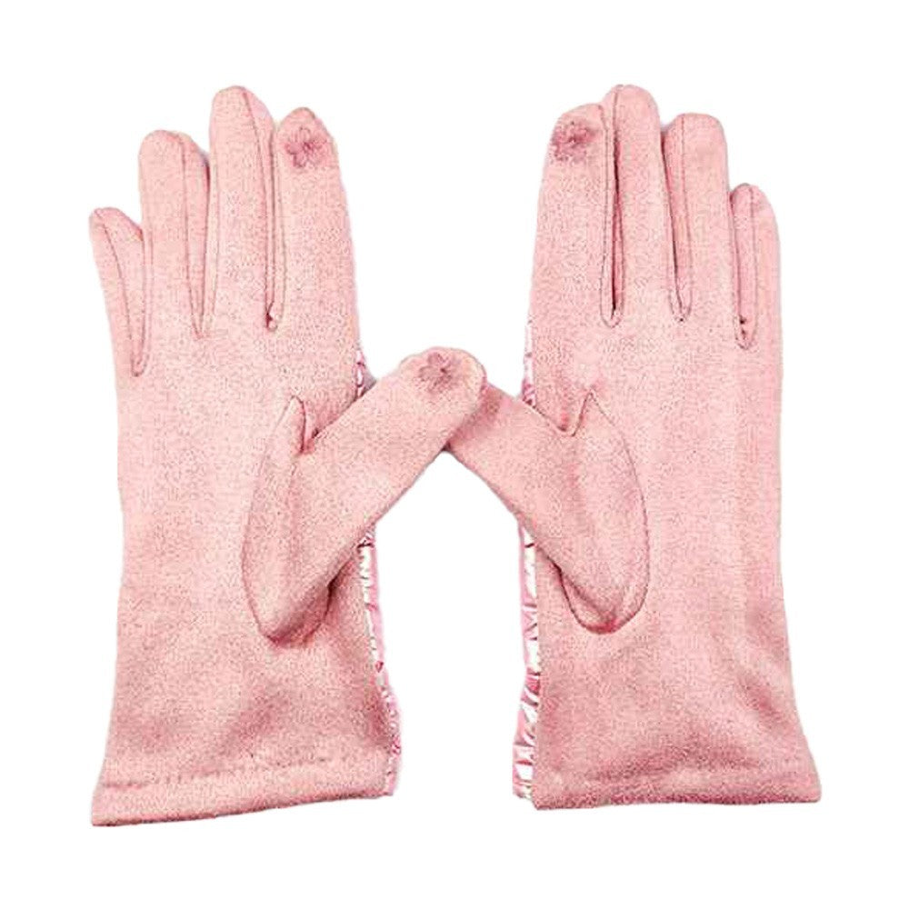 Women's One Size Puffer Smart Touch Soft Shiny Warm Winter Quilted Gloves Pink