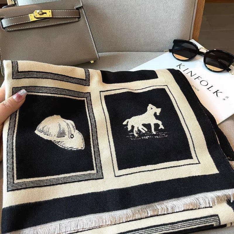 Black & Cream Equestrian Horse Print Woven Blanket Scarf Shawl Wrap Stole