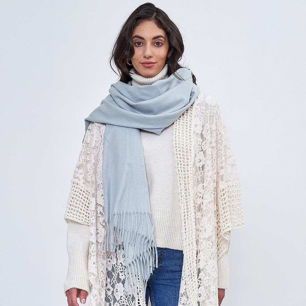 Women's Solid Cozy Imitation Scarf Wrap with Fringe Light Blue 27.5" X 70.8"