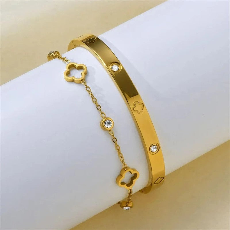 Gold Plated Clover Bracelet Bangle Set Stackable Crystal Jewelry Gift