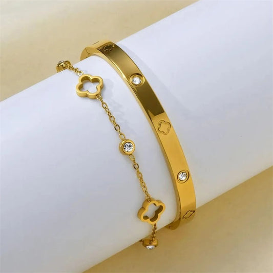 Gold Plated Clover Bracelet Bangle Set Stackable Crystal Jewelry Gift