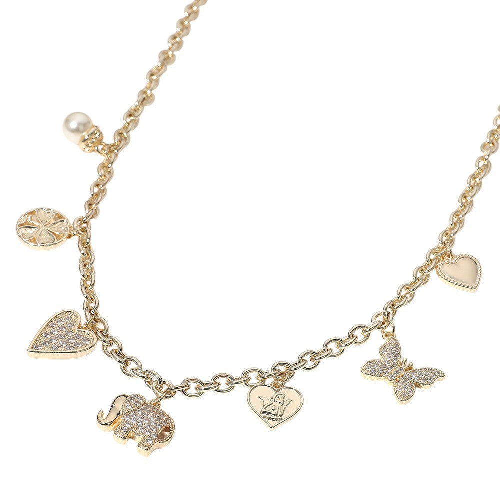 Gold Tone Multi Charm Crystal Butterfly Elephant Heart Clover Necklace for Women