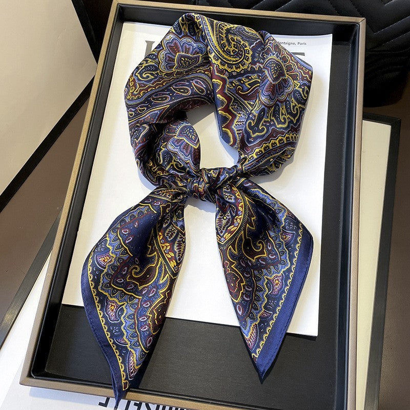 Luxury Navy Blue Gold Paisley Satin Silk Scarf Neckerchief Bandana Head Wrap
