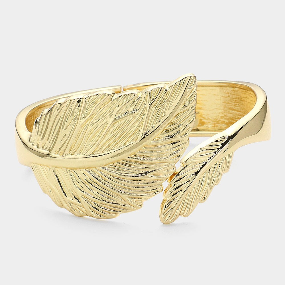 Women's Metal Leaf Hinged Bangle Bracelet Elegant Nature Inspired Jewelry