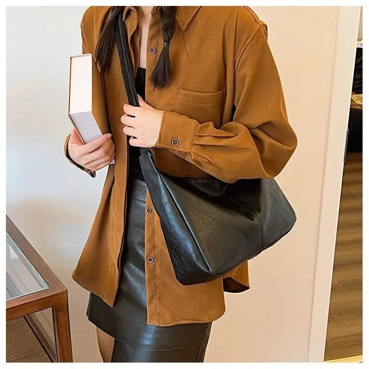 Black Faux Leather Hobo Shoulder Bag With Adjustable Strap