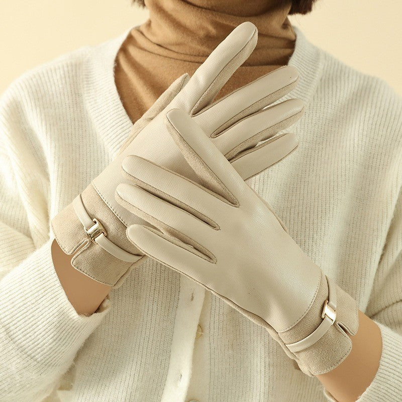 Women's Winter Gloves 2 Pairs Black Beige Gold Buckle Accent Smart Device Gloves