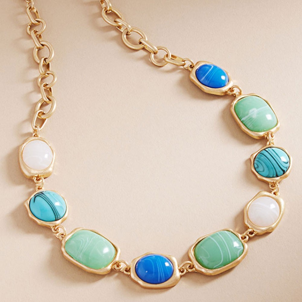 Gold Tone Statement Necklace Resin Stones Green Blue White Bib Chunky Jewelry