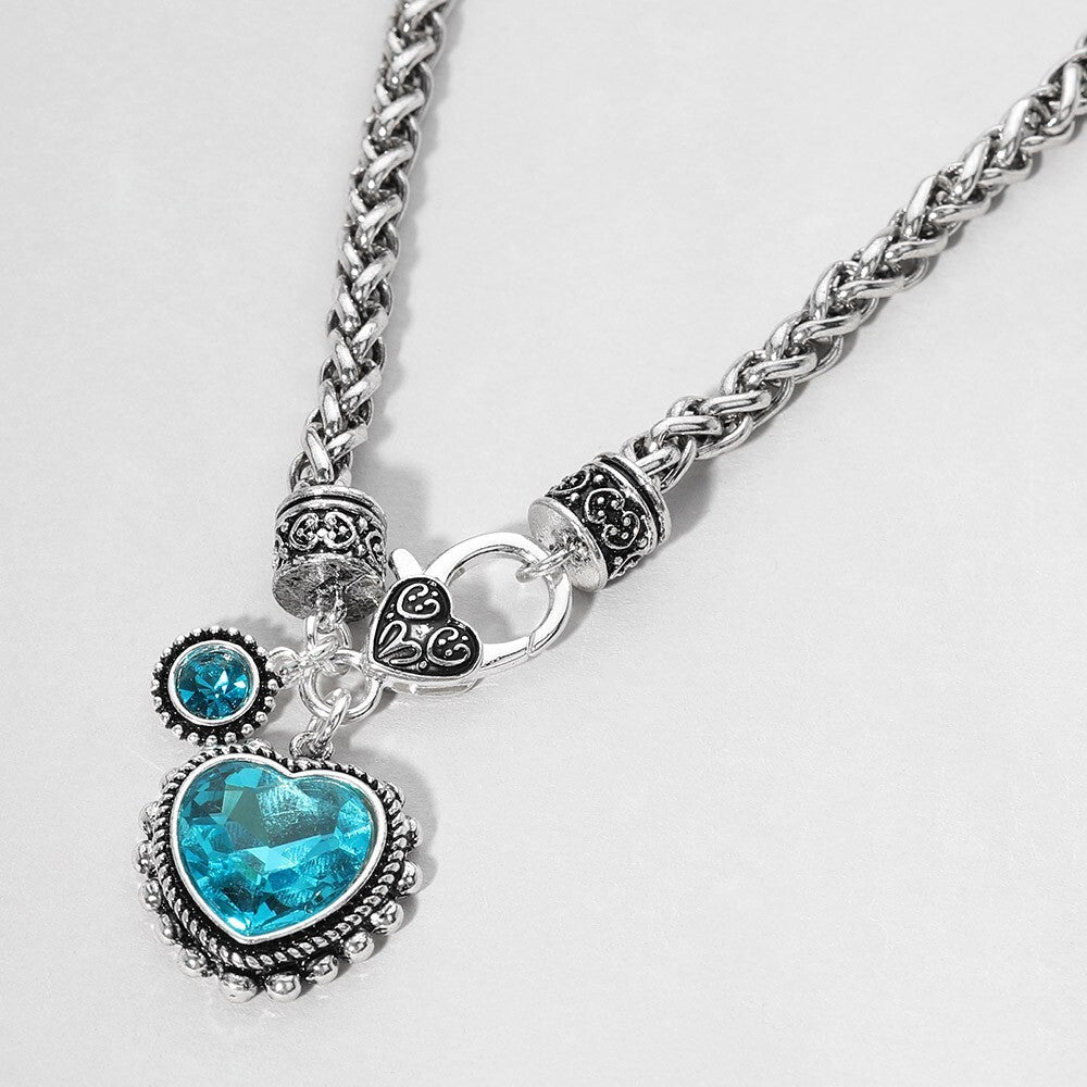 Antique Silver Heart Pendant Necklace with Blue Stone and Braided Chain