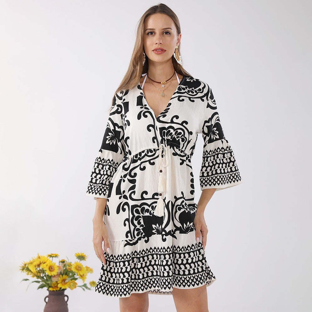 Boho Embroidered Tunic Summer Dress Loose Fit V-Neck Short Sleeve Beach Wear